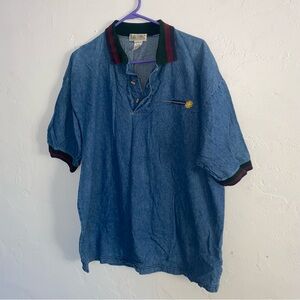 Vintage 80’s 100% Cotton Men’s Denim Shirt with Knit Collar embroidered MEGA XL